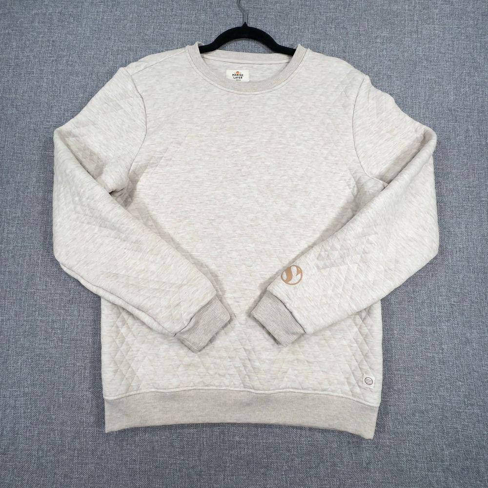Marine Layer Corbet Quilted Crewneck Mens Medium Oatmeal Sweatshirt Sleeve Logo